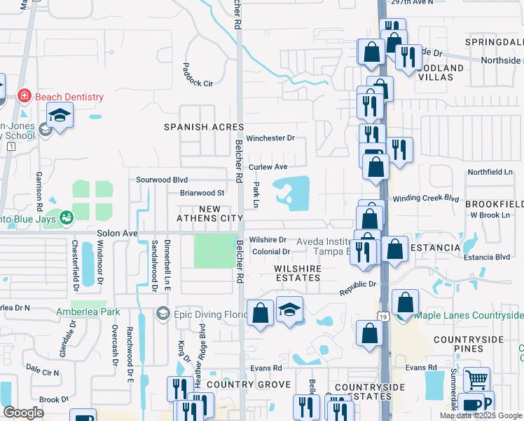 map of restaurants, bars, coffee shops, grocery stores, and more near 3033 Park Lane in Dunedin