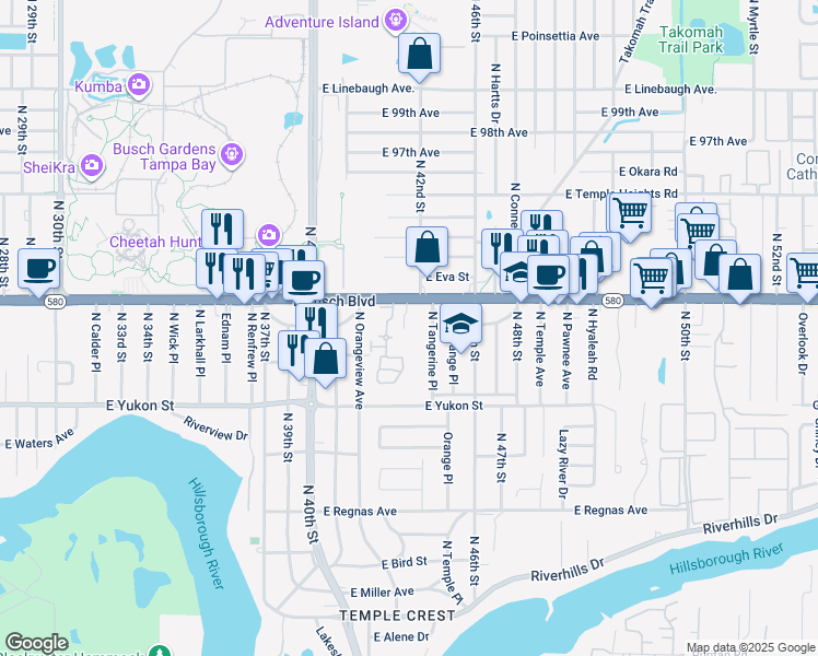 map of restaurants, bars, coffee shops, grocery stores, and more near 4127 East Busch Boulevard in Tampa
