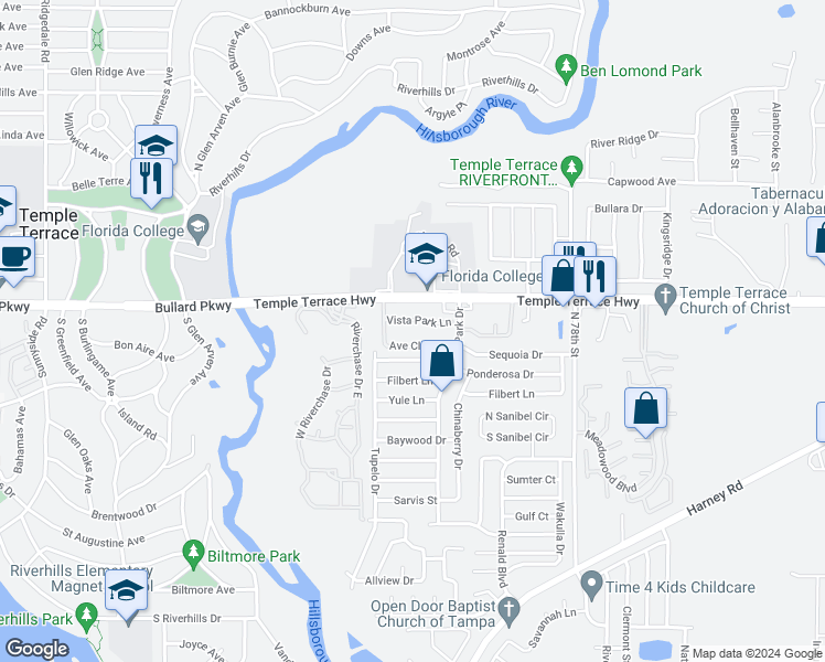map of restaurants, bars, coffee shops, grocery stores, and more near 7001 Vista Park Lane in Tampa
