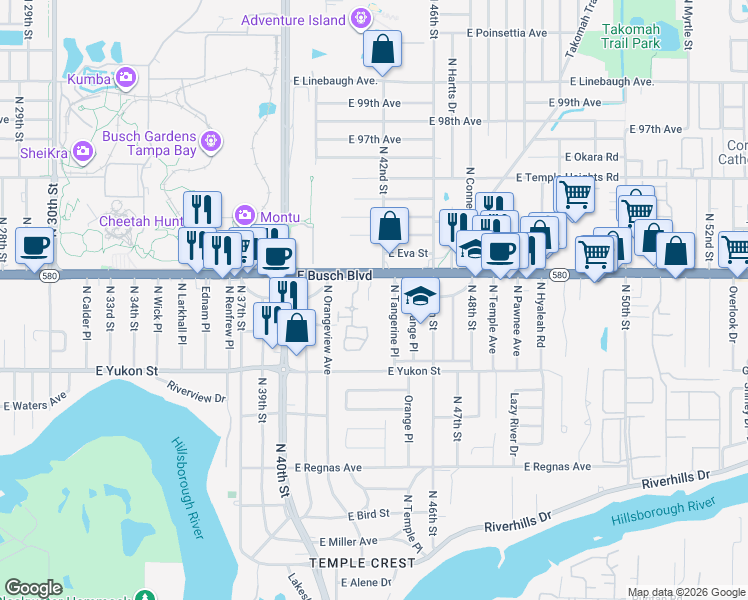 map of restaurants, bars, coffee shops, grocery stores, and more near 4127 East Busch Boulevard in Tampa