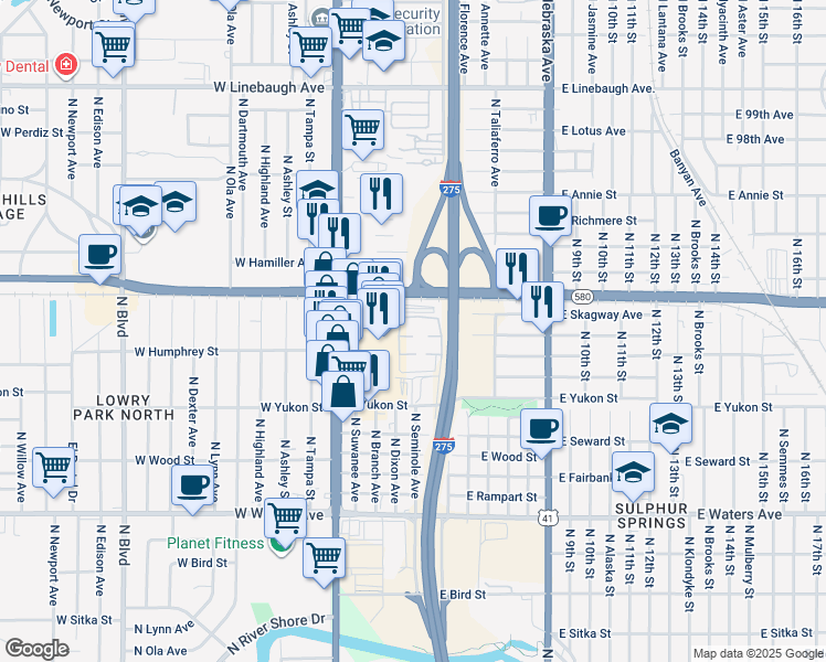map of restaurants, bars, coffee shops, grocery stores, and more near 9033 Westchester Circle in Tampa