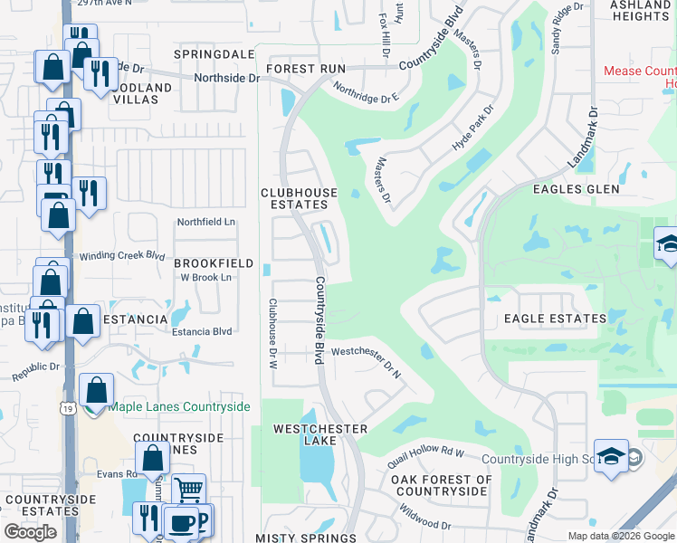 map of restaurants, bars, coffee shops, grocery stores, and more near 3036 Braeloch Circle East in Clearwater