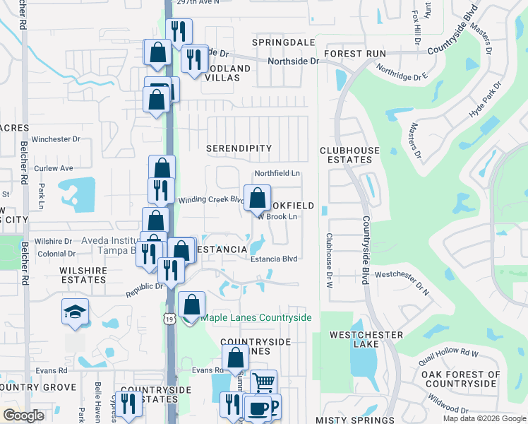 map of restaurants, bars, coffee shops, grocery stores, and more near 2527 Pine Cove Lane in Clearwater