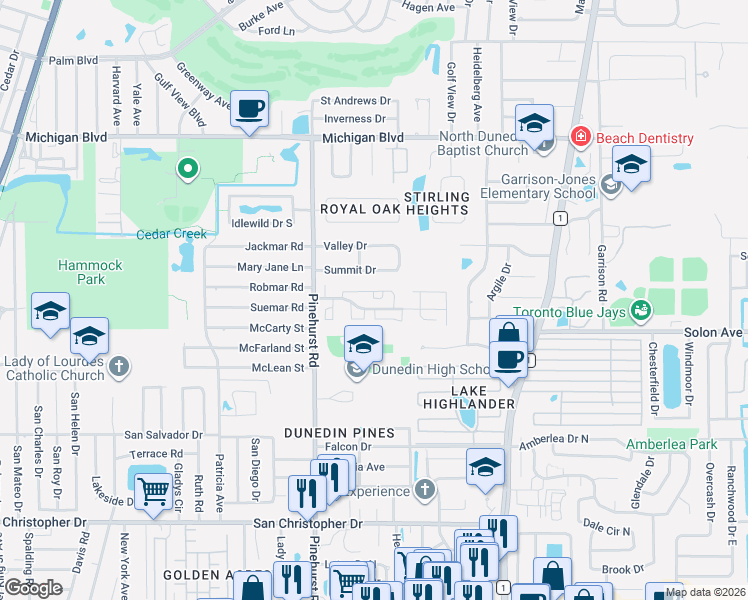 map of restaurants, bars, coffee shops, grocery stores, and more near 27 Pinehurst Village in Dunedin