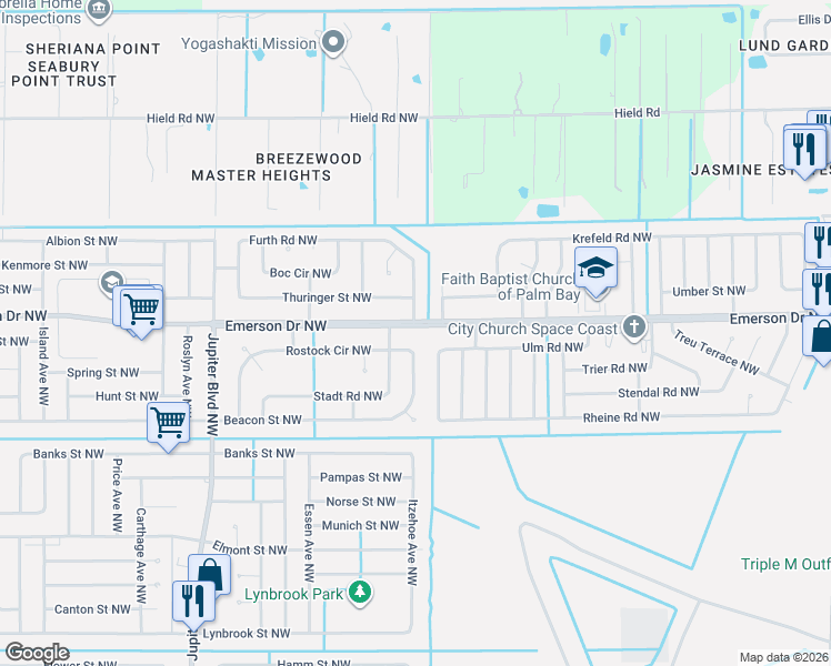 map of restaurants, bars, coffee shops, grocery stores, and more near 607 Furth Road Northwest in Palm Bay
