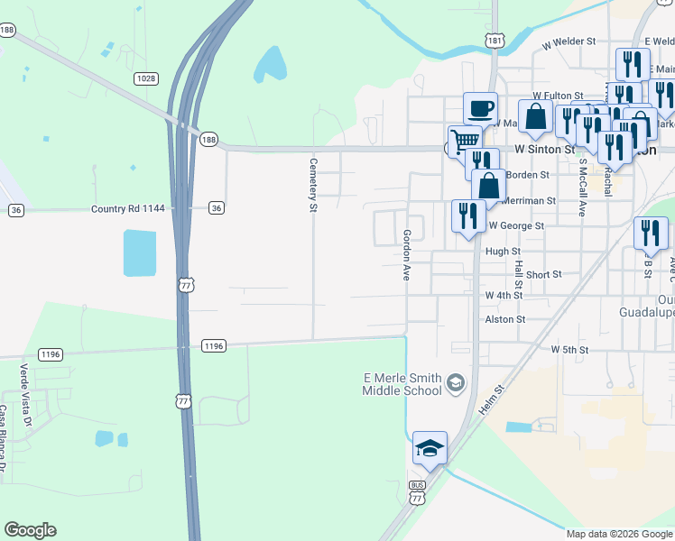 map of restaurants, bars, coffee shops, grocery stores, and more near 503 Cemetery Street in Sinton