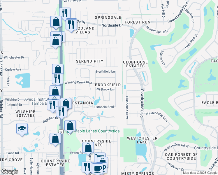 map of restaurants, bars, coffee shops, grocery stores, and more near 2568 West Brook Lane in Clearwater