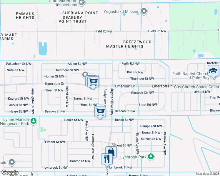 map of restaurants, bars, coffee shops, grocery stores, and more near 230 Emerson Drive Northwest in Palm Bay