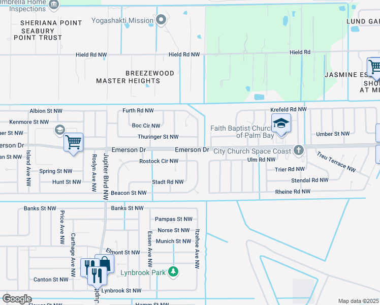map of restaurants, bars, coffee shops, grocery stores, and more near 284 Emerson Drive Northwest in Palm Bay