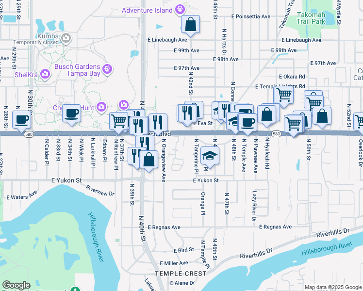 map of restaurants, bars, coffee shops, grocery stores, and more near 4127 East Busch Boulevard in Tampa