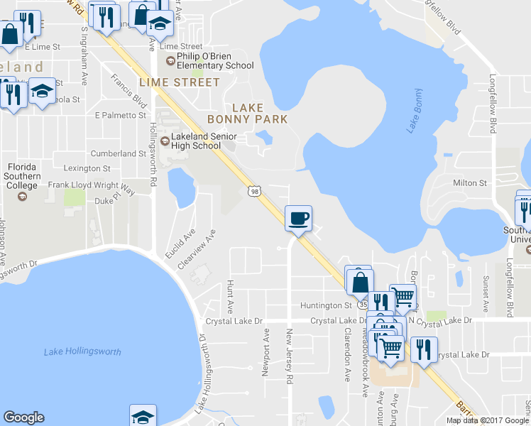 map of restaurants, bars, coffee shops, grocery stores, and more near 947 Bartow Road in Lakeland