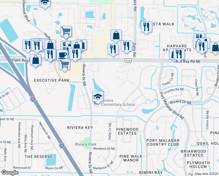 map of restaurants, bars, coffee shops, grocery stores, and more near 1470 Malibu Circle Northeast in Palm Bay