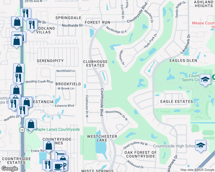 map of restaurants, bars, coffee shops, grocery stores, and more near 3021 Countryside Boulevard in Clearwater