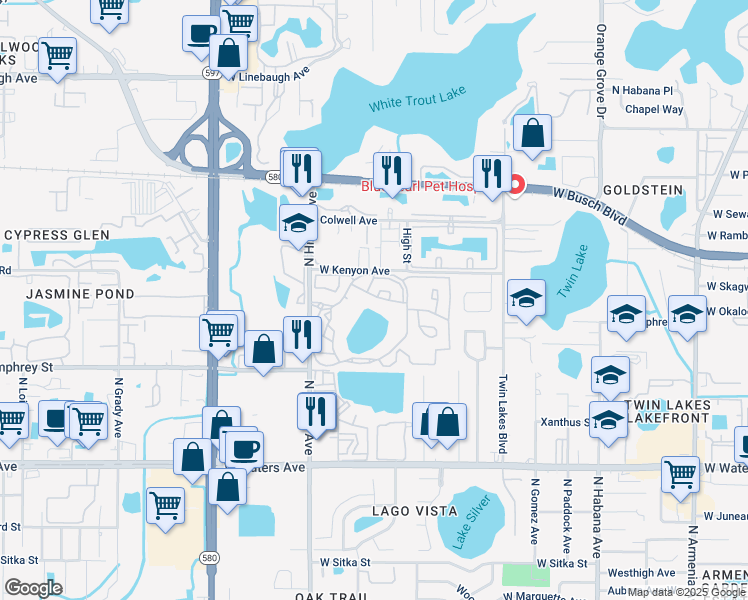 map of restaurants, bars, coffee shops, grocery stores, and more near 3488 Saint Bart Lane in Tampa