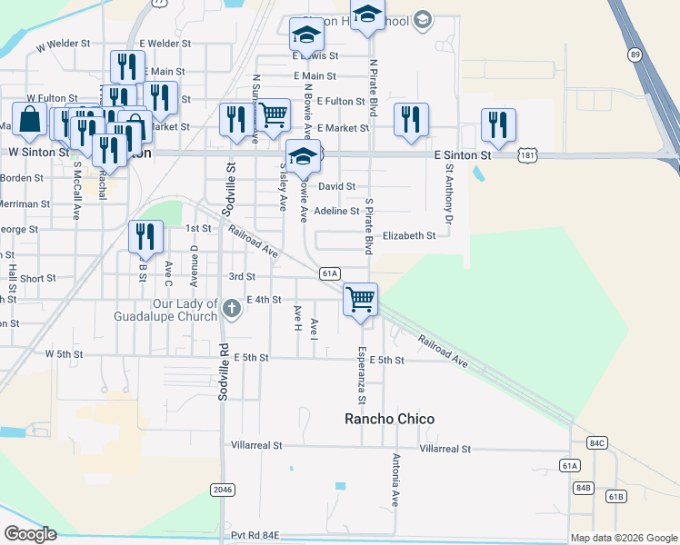 map of restaurants, bars, coffee shops, grocery stores, and more near 119 Lamplite Lane in Sinton