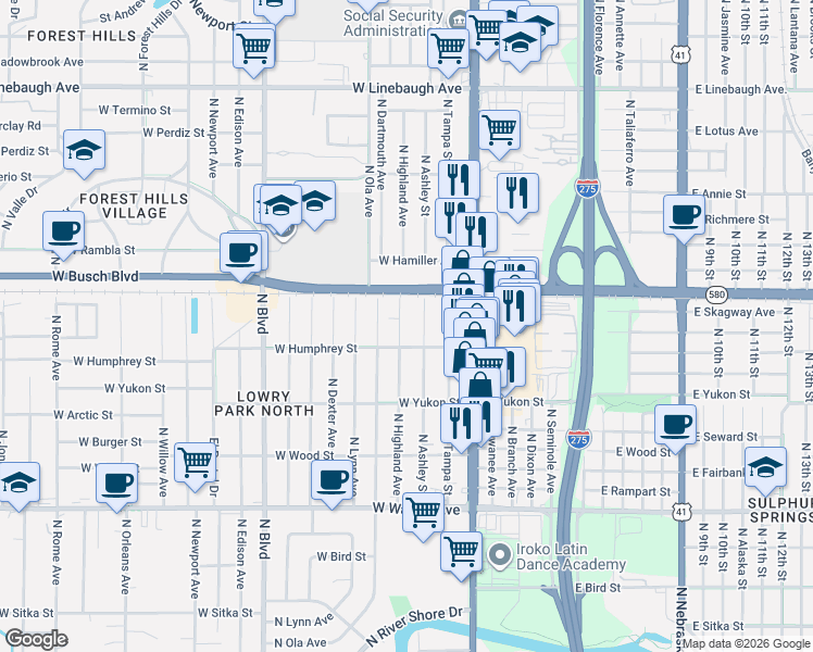 map of restaurants, bars, coffee shops, grocery stores, and more near 8911 North Highland Avenue in Tampa