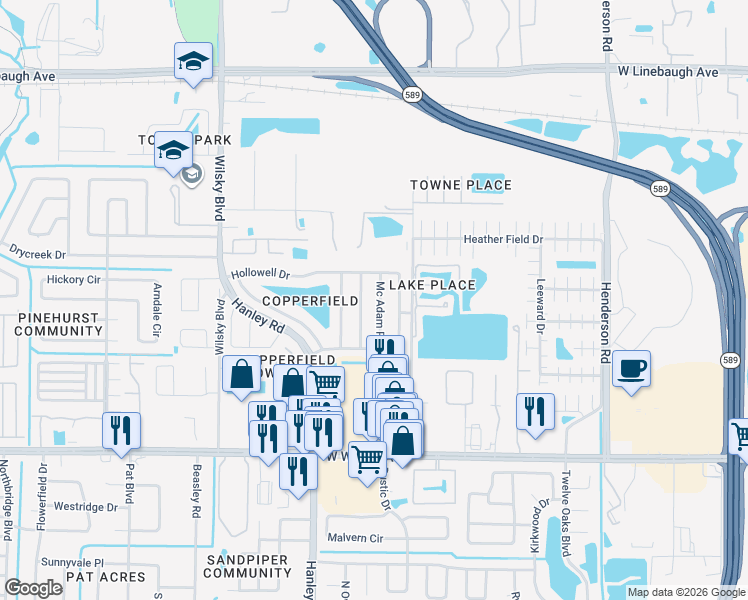 map of restaurants, bars, coffee shops, grocery stores, and more near 8722 Mc Adam Place in Tampa