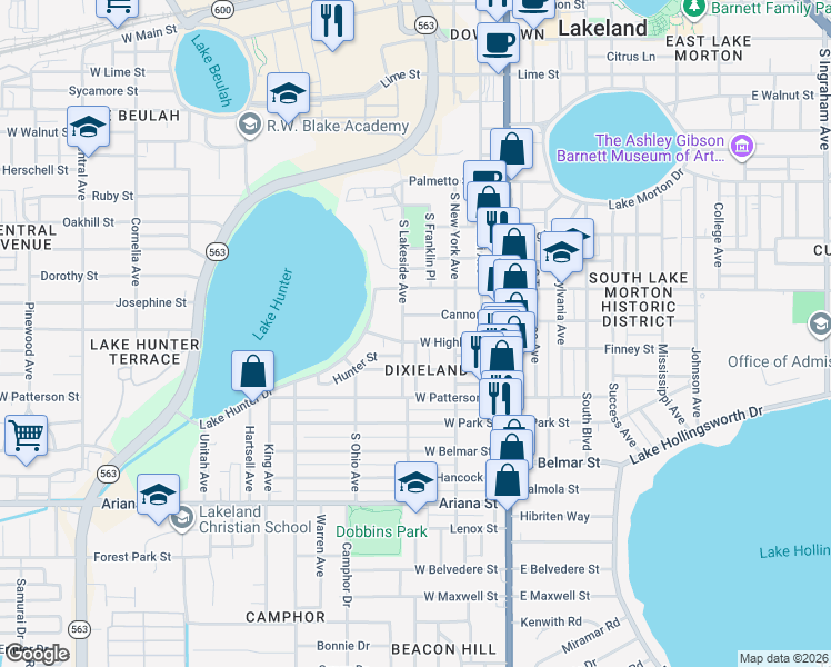 map of restaurants, bars, coffee shops, grocery stores, and more near 320 Cannon Street in Lakeland