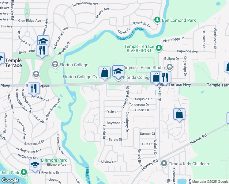 map of restaurants, bars, coffee shops, grocery stores, and more near 7001 Vista Park Lane in Tampa