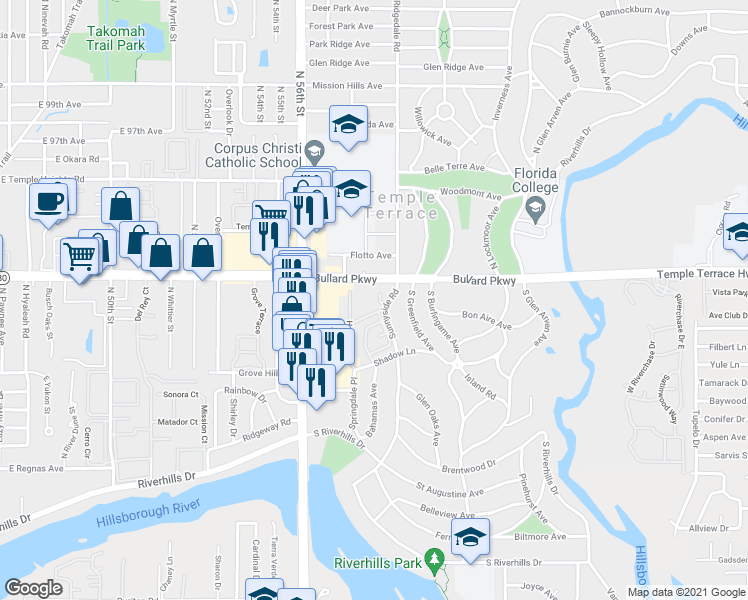 map of restaurants, bars, coffee shops, grocery stores, and more near 8980 Carriage Court in Temple Terrace