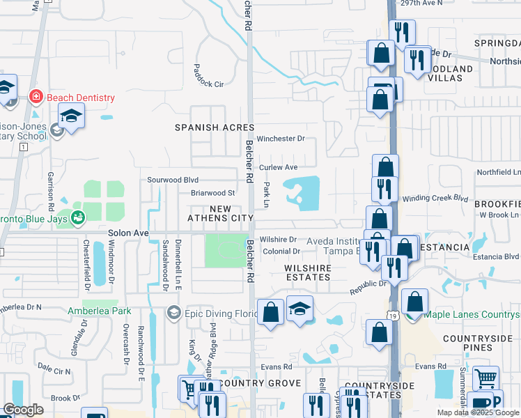 map of restaurants, bars, coffee shops, grocery stores, and more near 3041 Park Lane in Dunedin