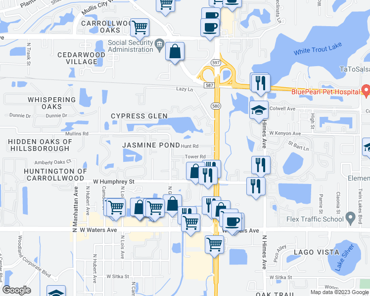 map of restaurants, bars, coffee shops, grocery stores, and more near 3910 Hunt Road in Tampa