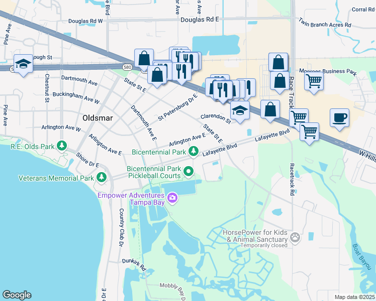 map of restaurants, bars, coffee shops, grocery stores, and more near 418 Arlington Avenue East in Oldsmar