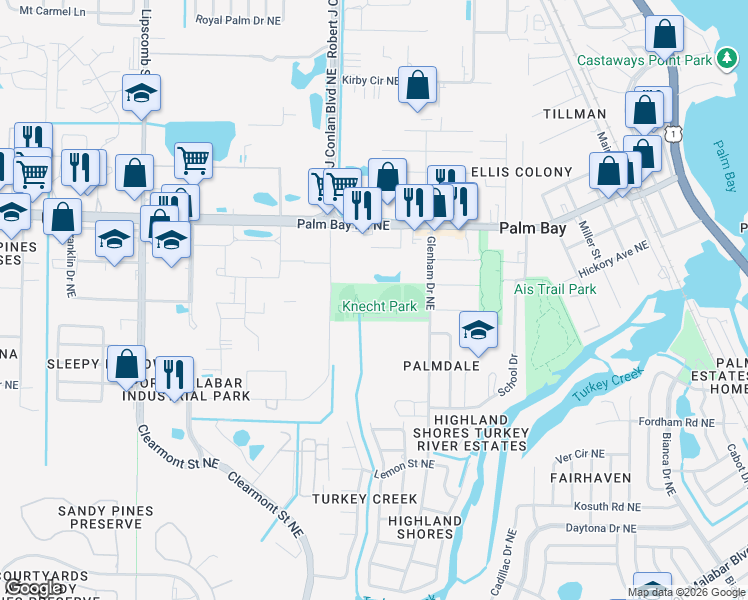 map of restaurants, bars, coffee shops, grocery stores, and more near 1380 Glenham Drive Northeast in Palm Bay