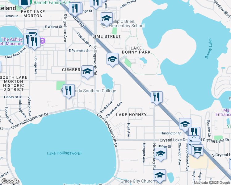 map of restaurants, bars, coffee shops, grocery stores, and more near 919 Clearview Avenue in Lakeland