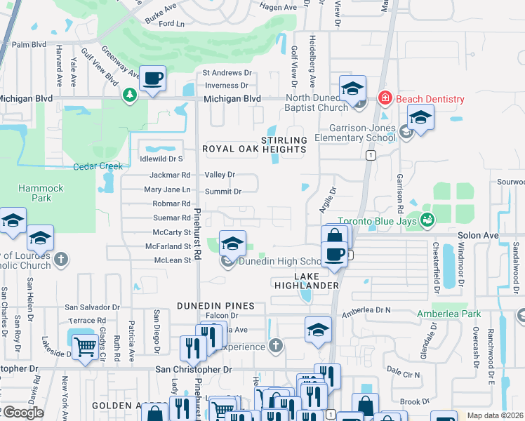 map of restaurants, bars, coffee shops, grocery stores, and more near 22 Pinehurst Village in Dunedin