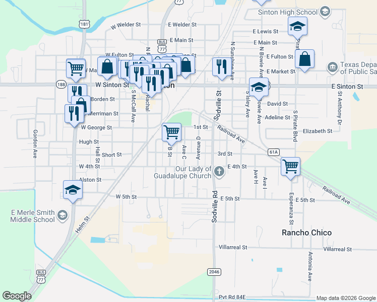 map of restaurants, bars, coffee shops, grocery stores, and more near 514 Avenue C in Sinton