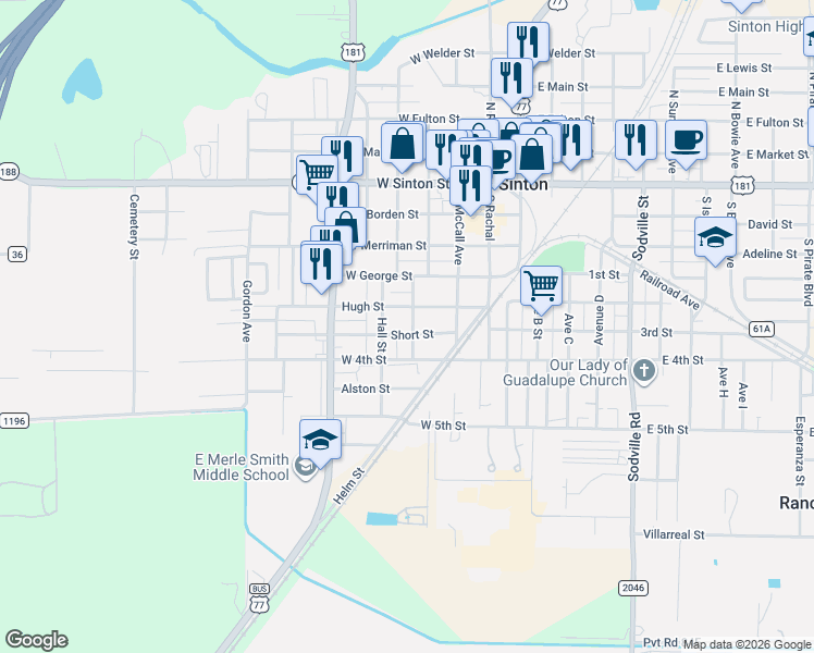 map of restaurants, bars, coffee shops, grocery stores, and more near 505 Rowlett Avenue in Sinton
