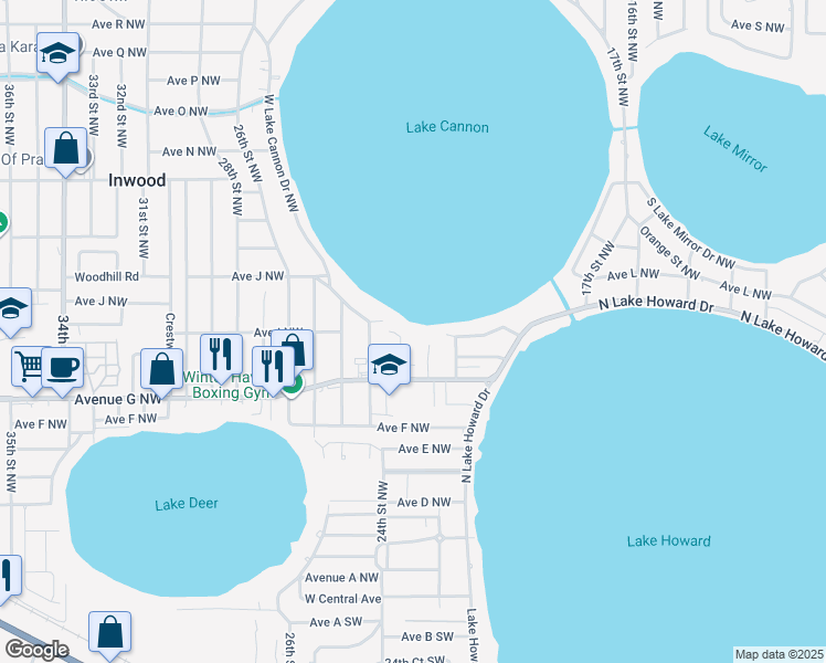 map of restaurants, bars, coffee shops, grocery stores, and more near 2310 West Cannon Terrace Northwest in Winter Haven