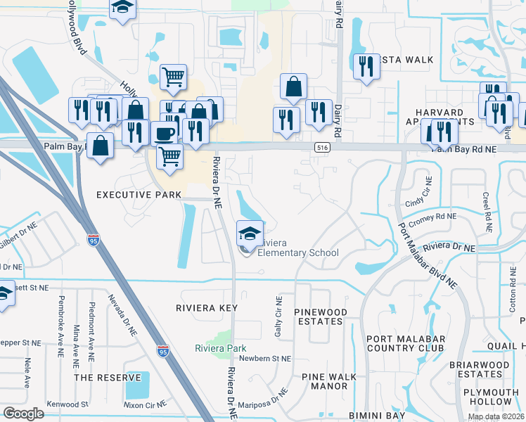map of restaurants, bars, coffee shops, grocery stores, and more near 101 Malibu Circle Northeast in Palm Bay