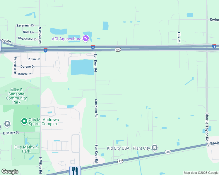 map of restaurants, bars, coffee shops, grocery stores, and more near 705 Son Keen Road in Plant City