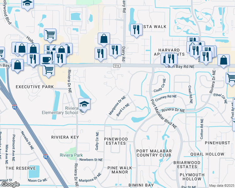 map of restaurants, bars, coffee shops, grocery stores, and more near 1400 Sheafe Avenue Northeast in Palm Bay