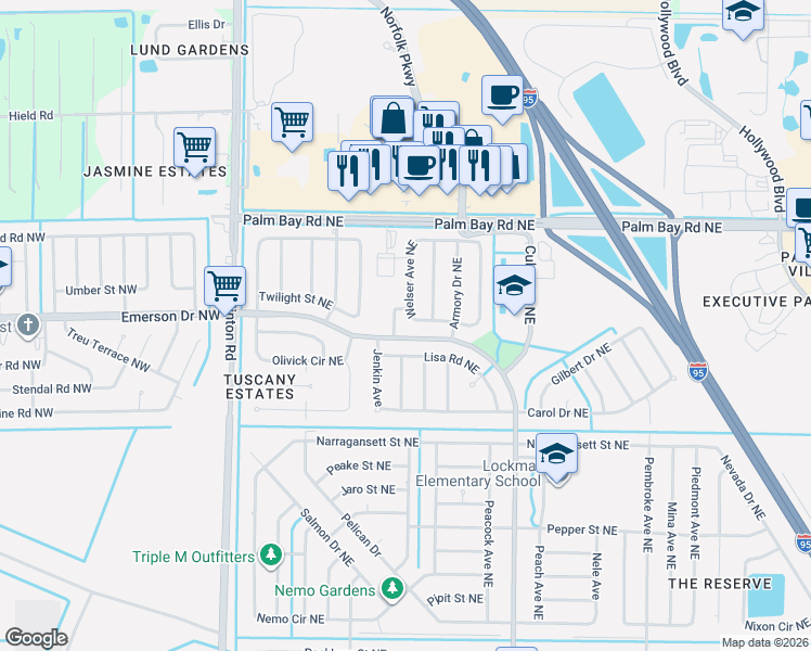 map of restaurants, bars, coffee shops, grocery stores, and more near 1300 Altamont Avenue Northeast in Palm Bay