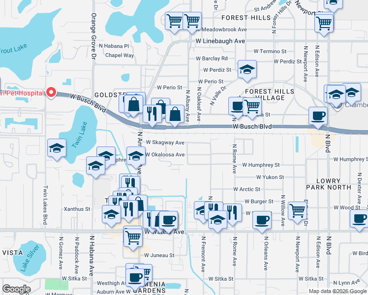 map of restaurants, bars, coffee shops, grocery stores, and more near 2106 West Skagway Avenue in Tampa