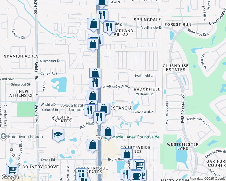 map of restaurants, bars, coffee shops, grocery stores, and more near 2400 Winding Creek Boulevard in Clearwater