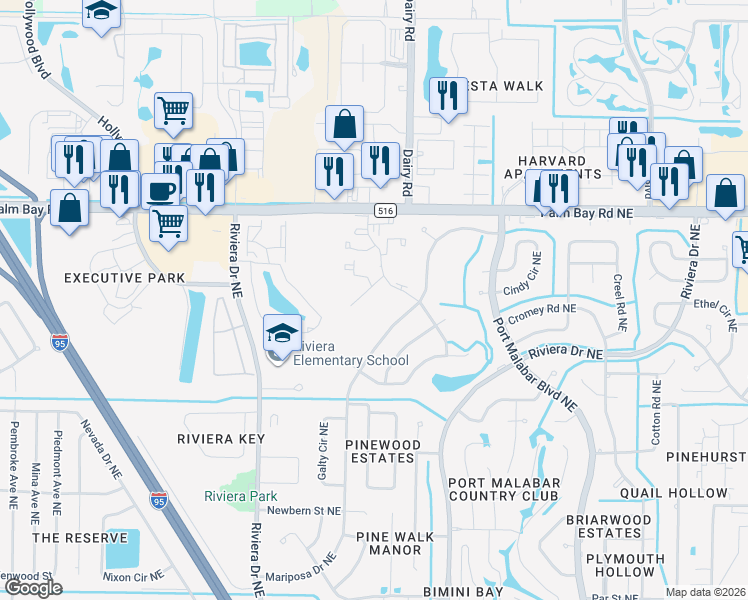 map of restaurants, bars, coffee shops, grocery stores, and more near 1030 Abada Court Northeast in Palm Bay
