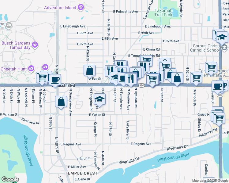 map of restaurants, bars, coffee shops, grocery stores, and more near 4705 North 48th Street in Tampa