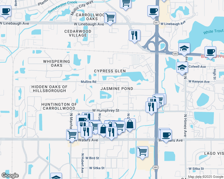 map of restaurants, bars, coffee shops, grocery stores, and more near 8724 Mallard Reserve Drive in Tampa