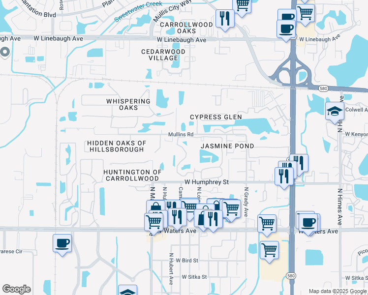 map of restaurants, bars, coffee shops, grocery stores, and more near 8713 Fancy Finch Drive in Tampa