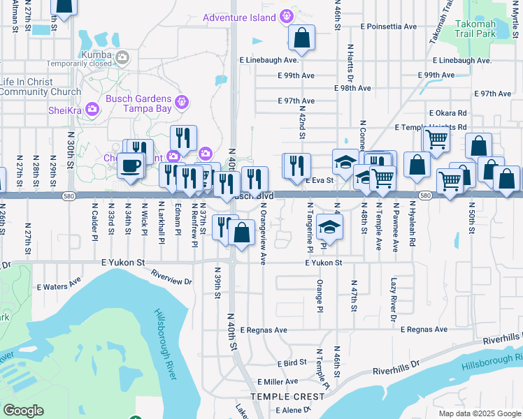 map of restaurants, bars, coffee shops, grocery stores, and more near 4107 East Hill Crest Circle in Tampa
