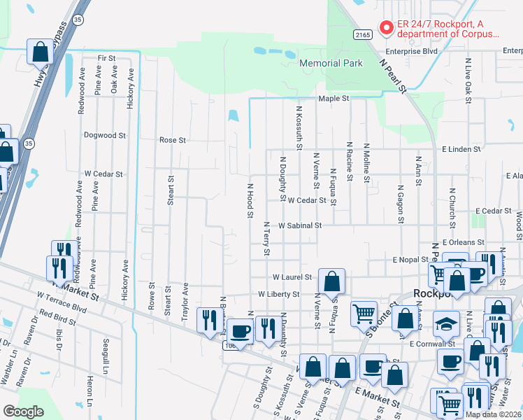 map of restaurants, bars, coffee shops, grocery stores, and more near 933 North Terry Street in Rockport