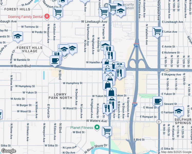 map of restaurants, bars, coffee shops, grocery stores, and more near 8914 North Highland Avenue in Tampa