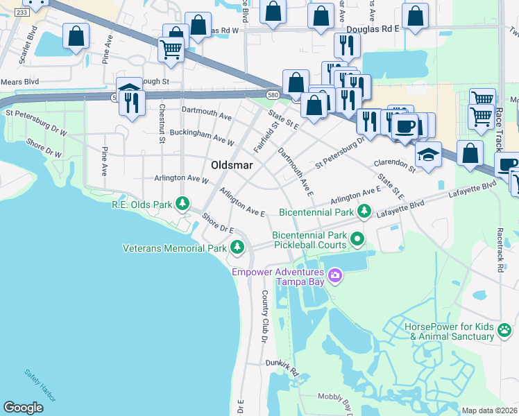 map of restaurants, bars, coffee shops, grocery stores, and more near 213 Arlington Avenue East in Oldsmar