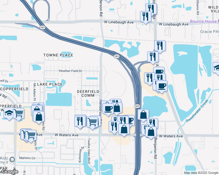 map of restaurants, bars, coffee shops, grocery stores, and more near 8715 Henderson Road in Tampa