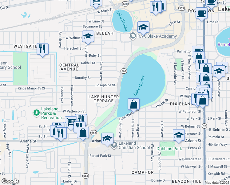 map of restaurants, bars, coffee shops, grocery stores, and more near 1017 Greenwood Street in Lakeland