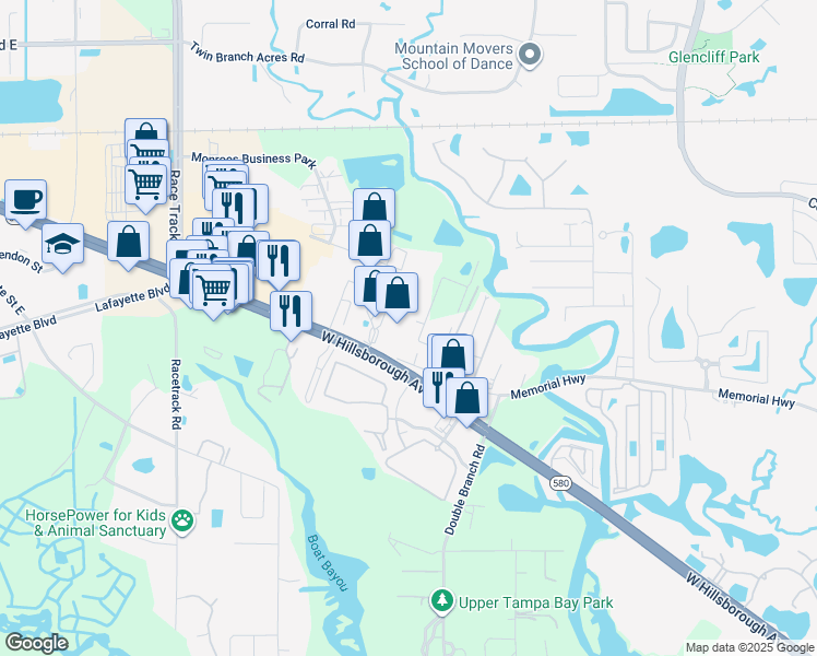 map of restaurants, bars, coffee shops, grocery stores, and more near 13317 West Hillsborough Avenue in Tampa